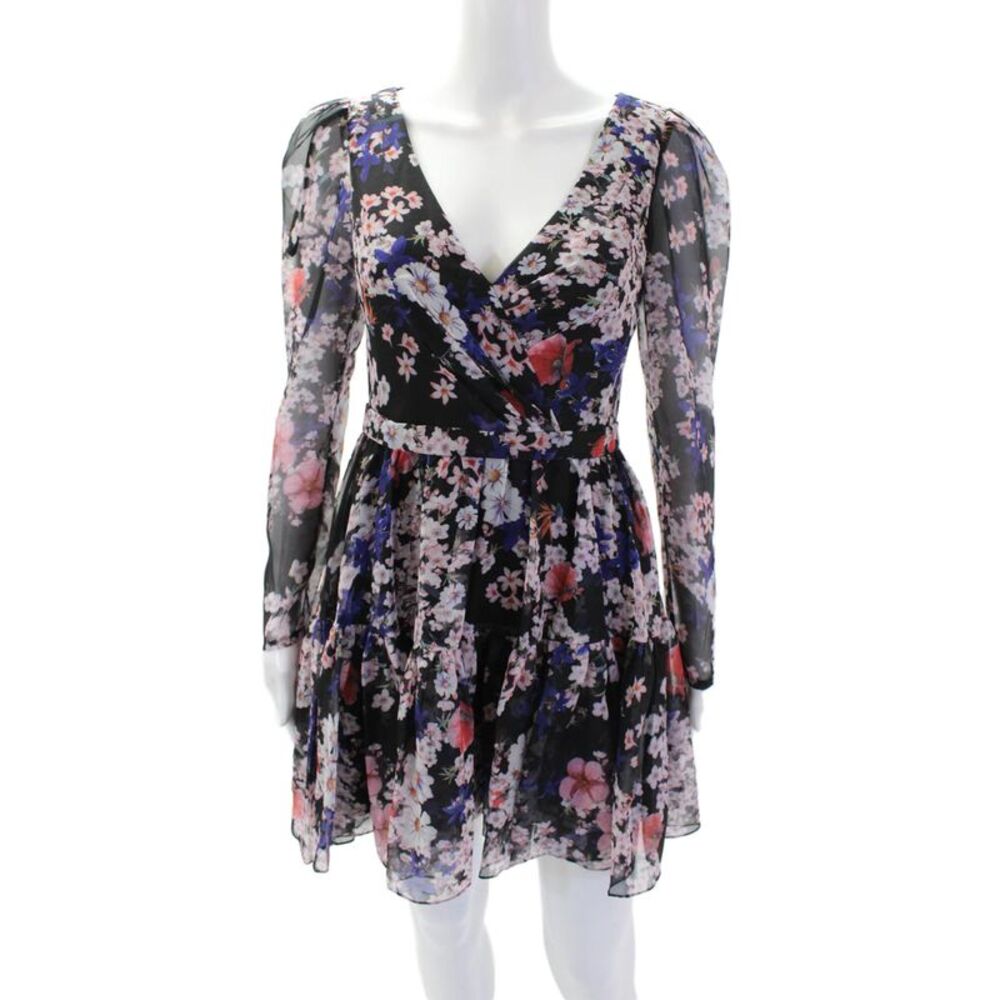 Ieena for MacDuggal Womens Long Sleeve Floral V Neck A Line Dress Black Size 2